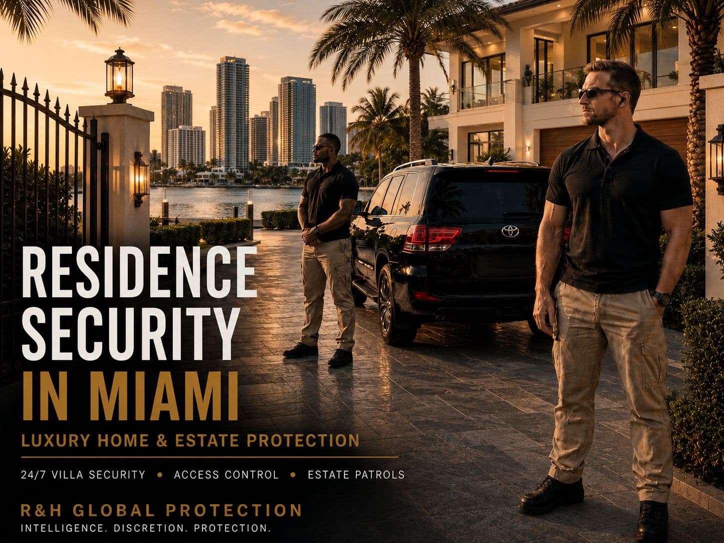 Residential security in Miami with R&H Global Protection guards, waterfront estate protection, access control, and estate patrols for luxury homes.