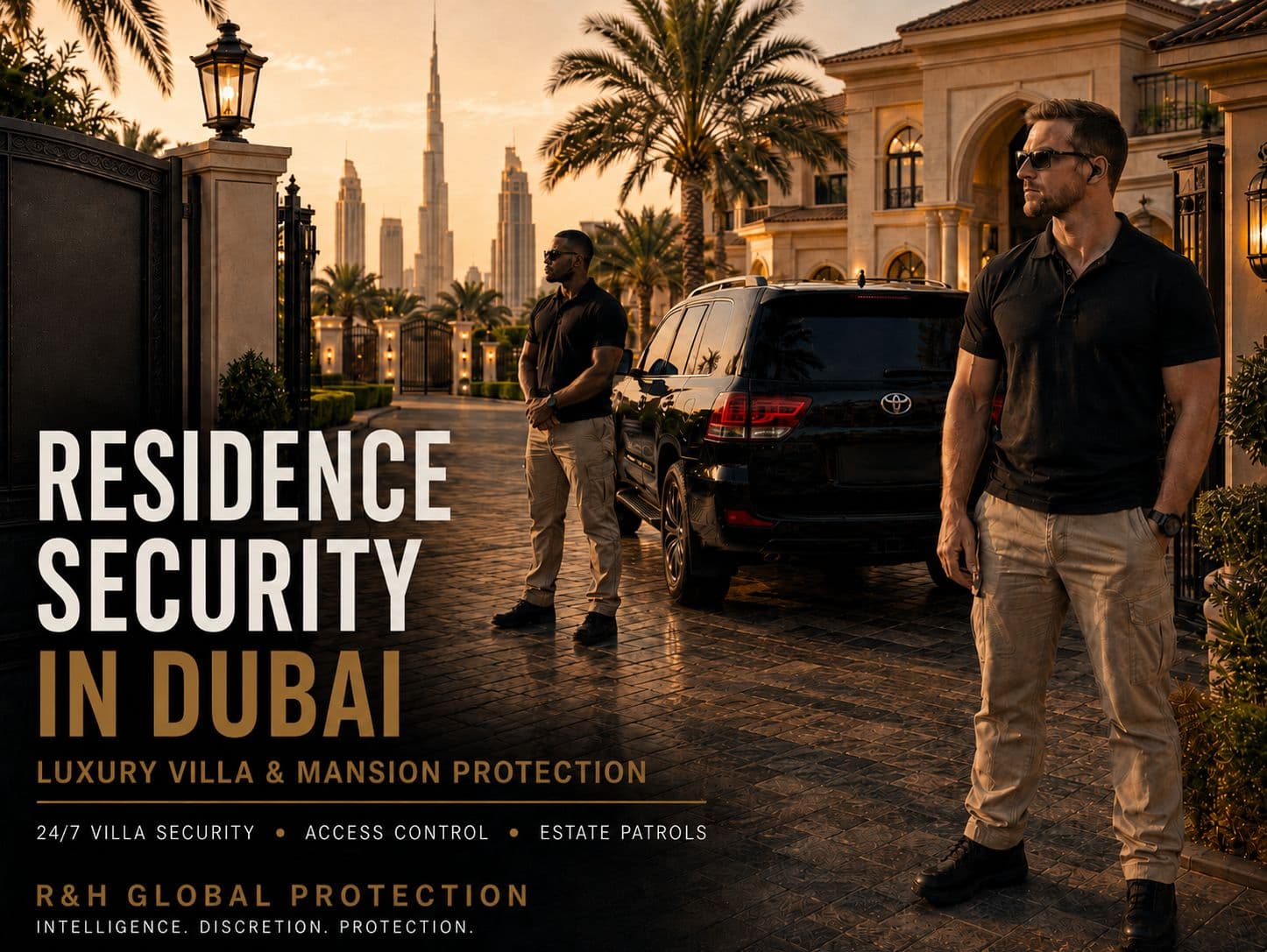 Residential security in Dubai with private bodyguards protecting a luxury villa, mansion entrance, and secure transport vehicle