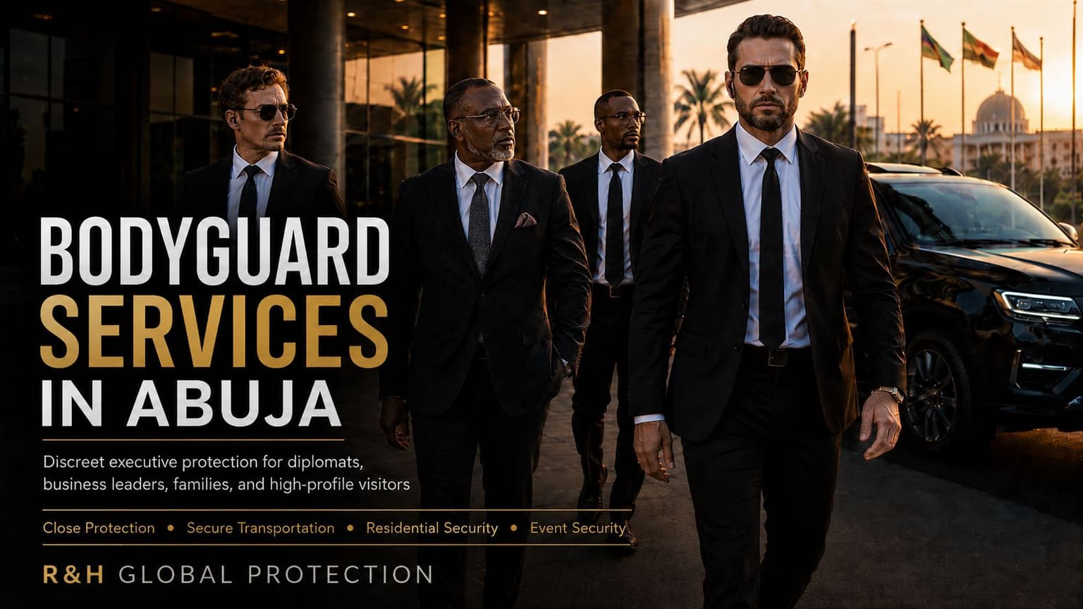 Bodyguard services in Abuja with R&H Global Protection providing discreet executive protection, secure transportation, and VIP security near a luxury hotel in Nigeria