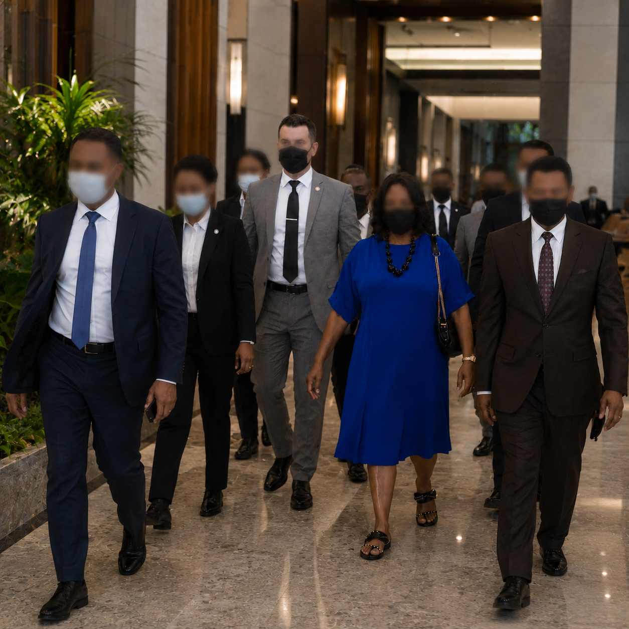 Protective detail escorting an official delegation during a state visit