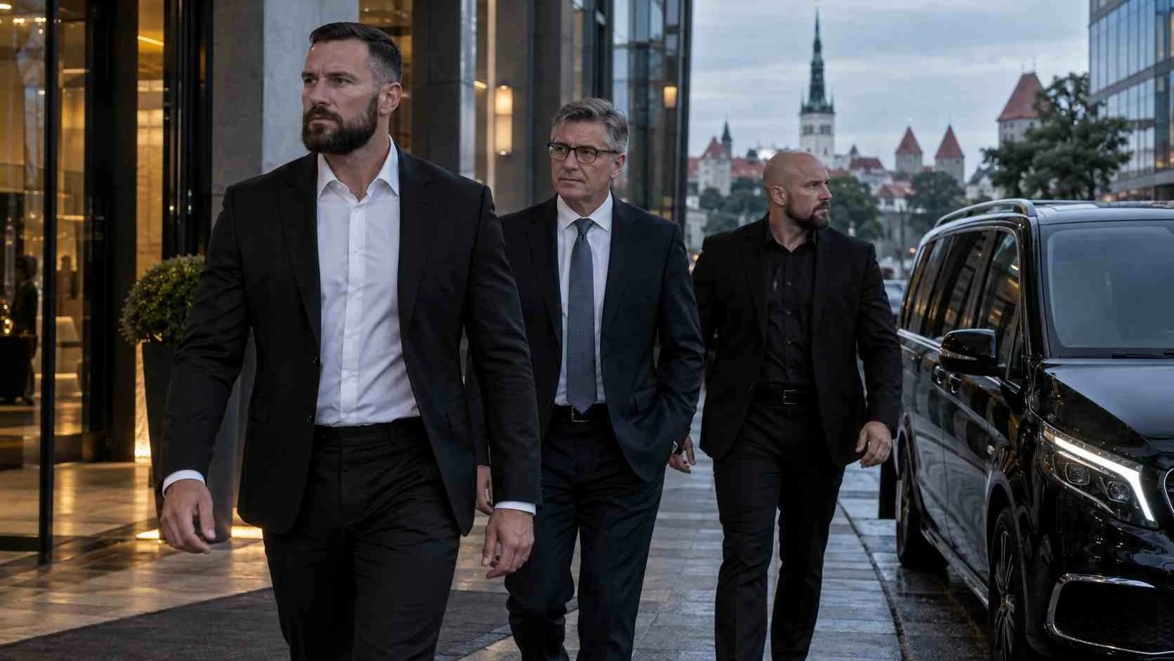 Original illustrated executive protection scene inspired by Tallinn, Estonia